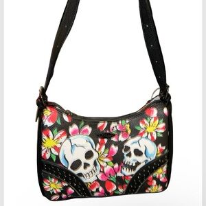 ED HARDY BLING BLACK SHOULDER PURSE W/ SKULLS LOGO FLOWERS & RHINESTONES NWT